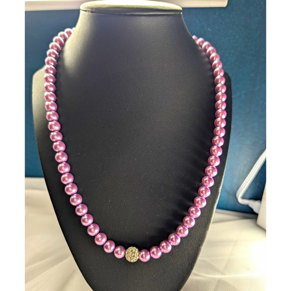 Lavender Purple Faux Pearl Strand Necklace with Rhinestone Sparkle Accent Ball